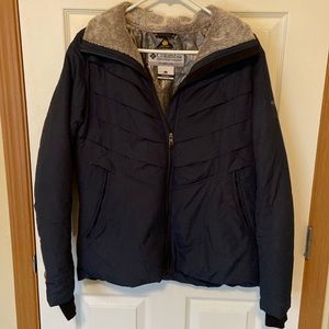 Columbia Omni-Heat Puffer Coat, L large navy faux fur collar jacket lightweight